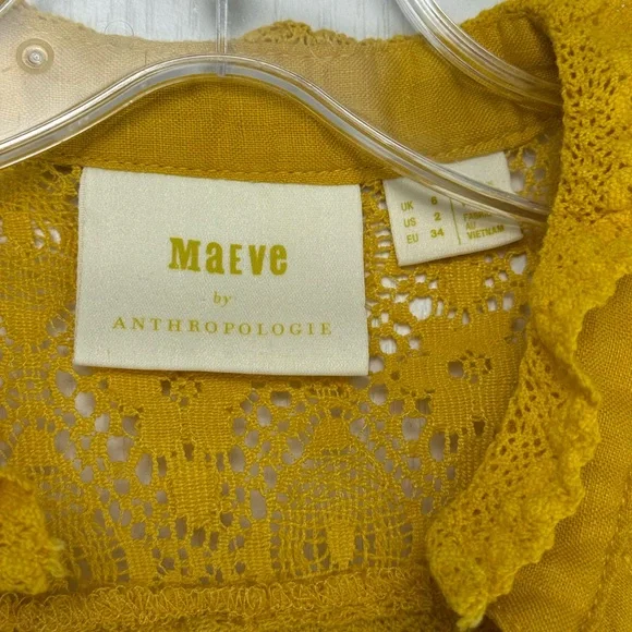 Anthro Maeve Magritte Linen Puff Sleeve Button Font Blouse Size 2 Yellow Gold - Picture 10 of 12